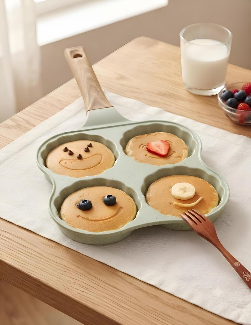 Cooking Mold Pan - 4-Cup Non-Stick Pancake Maker with Cartoon Smiley Faces and Wooden Handle - Image 1