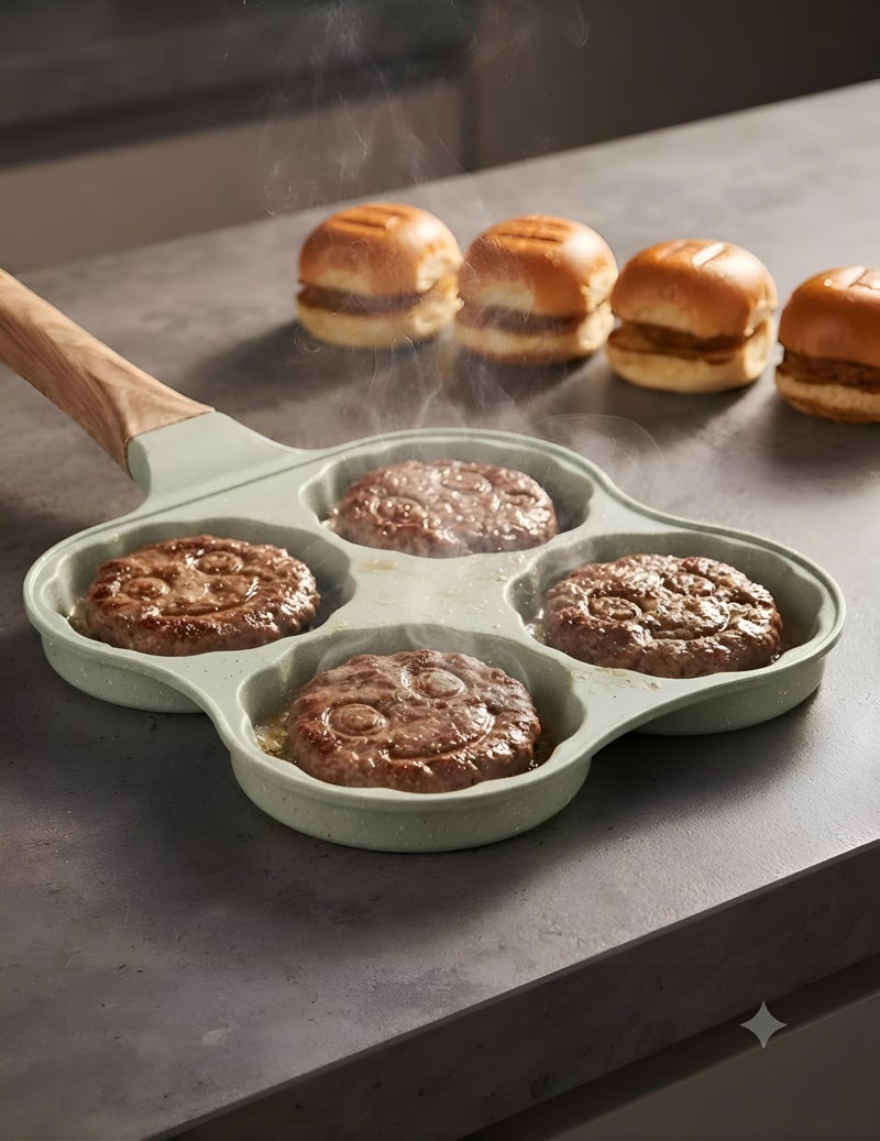 Cooking Mold Pan - 4-Cup Non-Stick Pancake Maker with Cartoon Smiley Faces and Wooden Handle - Image 2
