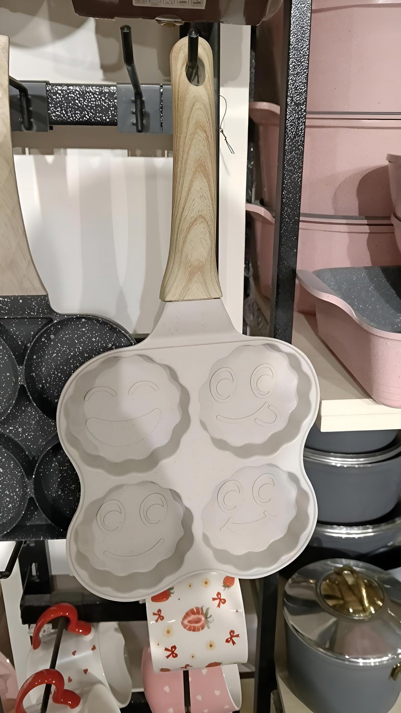 Cooking Mold Pan - 4-Cup Non-Stick Pancake Maker with Cartoon Smiley Faces and Wooden Handle - Image 4