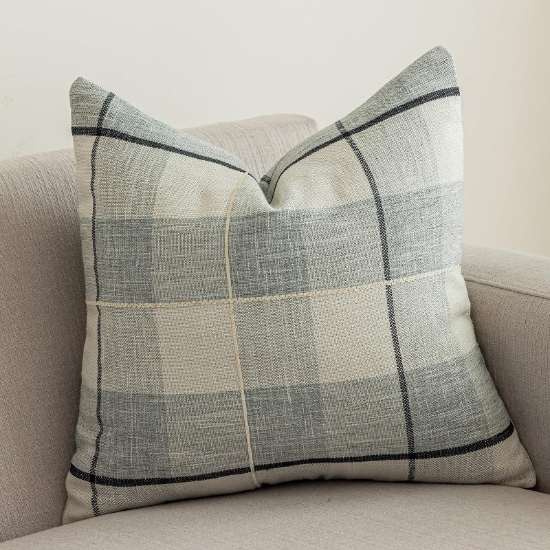 vctops Rustic Lattice Cotton Linen Decorative Throw Pillow Cover Embroidery Square Cushion Cover Pillowcase for Sofa Bedroom Couch Grey White Plaid 24x24