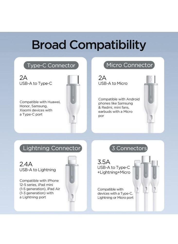 0.3m Multi Charger Cable Universal 3 in 1 Multiple USB Cable Fast Charging Cord with Type C Micro USB Port Connectors Compatible with iphone Android