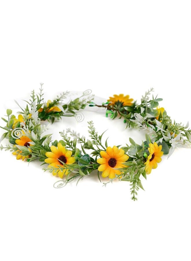 وهاواي Sunflower Crown Floral Wreath Headband with Ribbon Floral Crown Wedding Festivals Photo Props Headpiece Bride Hair Accessories - Image 1