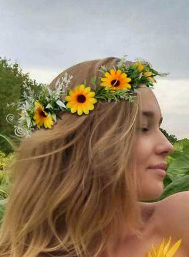 وهاواي Sunflower Crown Floral Wreath Headband with Ribbon Floral Crown Wedding Festivals Photo Props Headpiece Bride Hair Accessories - Image 2