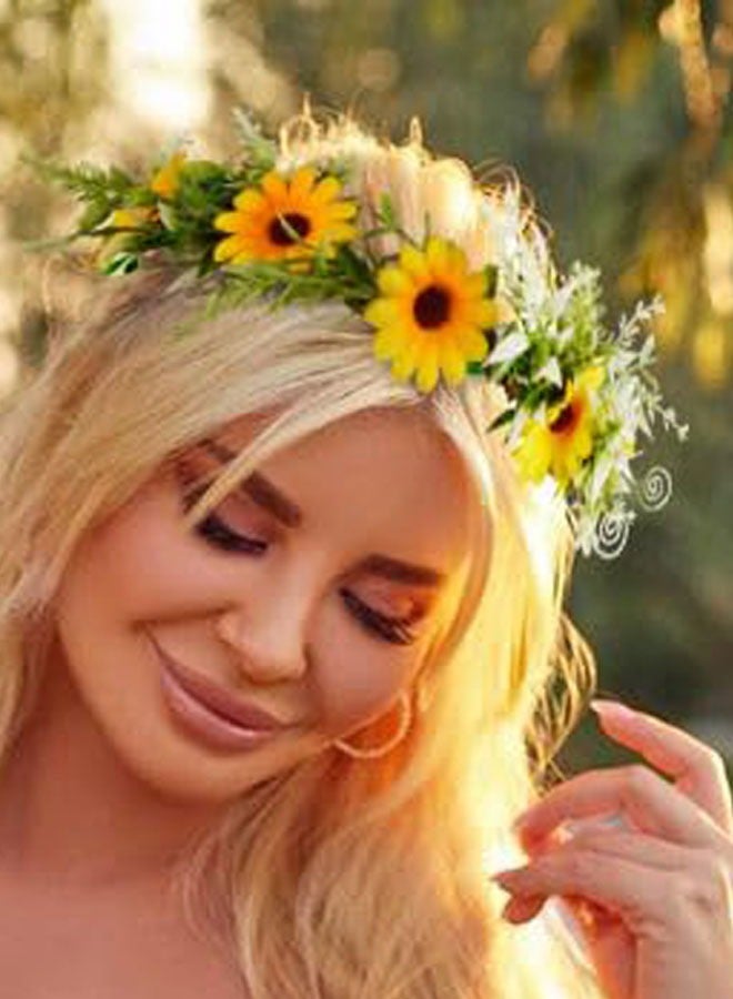 وهاواي Sunflower Crown Floral Wreath Headband with Ribbon Floral Crown Wedding Festivals Photo Props Headpiece Bride Hair Accessories - Image 3