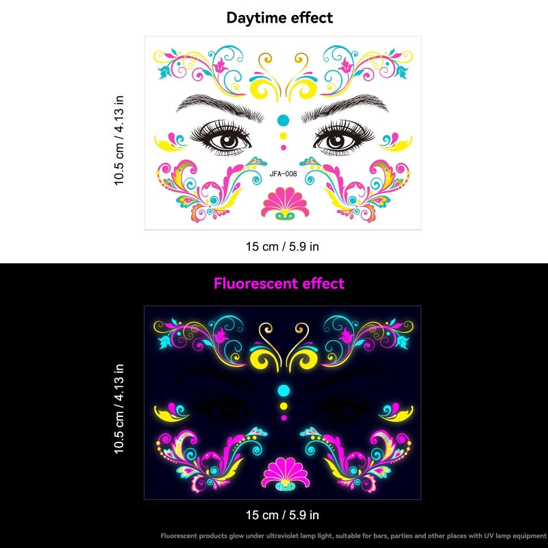 8 ملصقات وجهة متوهجة بخلاصة الطباعة الساخنة - مقاومة للماء، مكياج نايكلاوب، ملصقات متوهجة نيون للرقص - Image 5