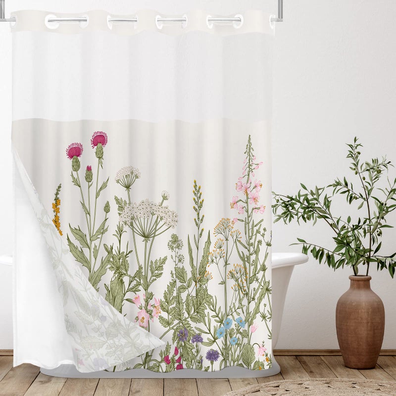 Tititex No Hooks Snap in Liner Vintage Wildflower Botanical Herbs Shower Curtain Sets Hotel Luxury Double Layers Waterproof Fabric  SeeThrough Top Window Bathroom Decorative 72x72 Inch