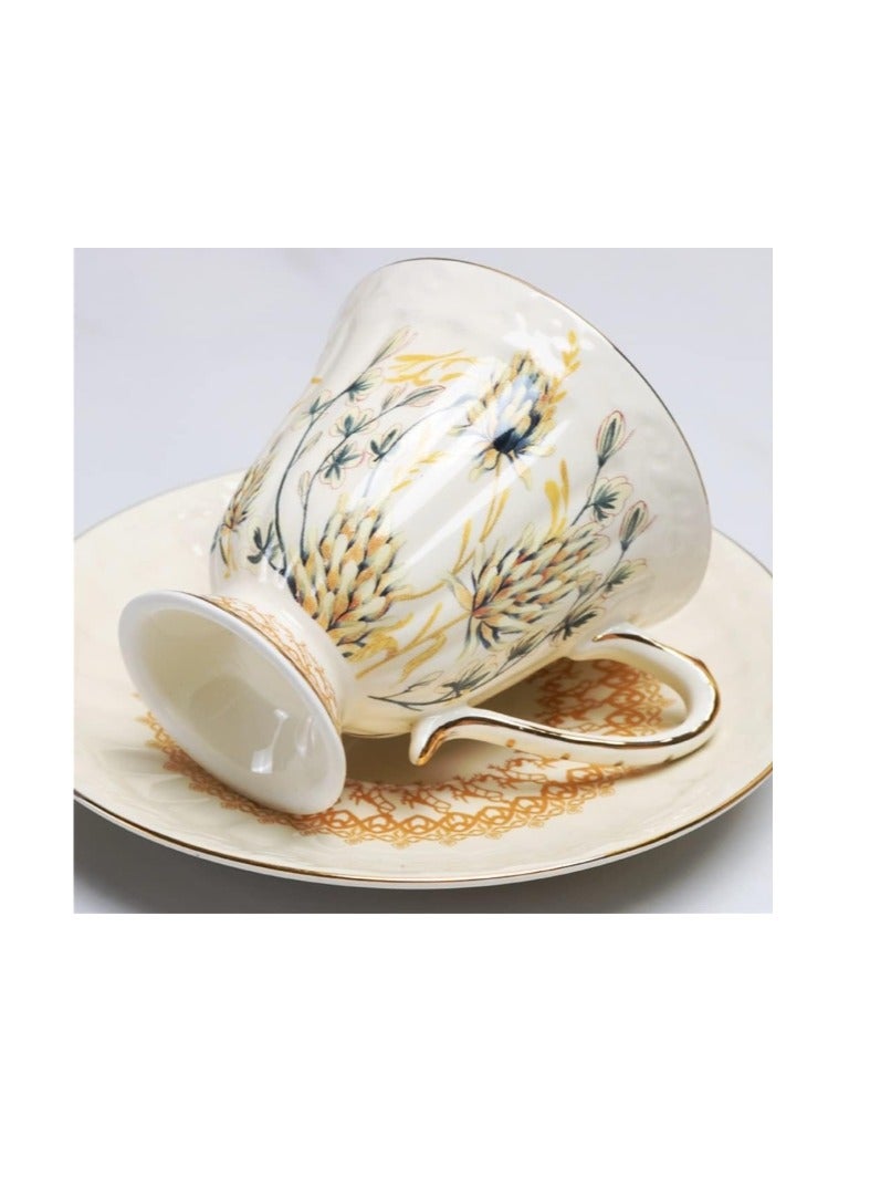 الواحة-TH طقم مكون من قطعتين من فناجين القهوة والصحون الخزفية على الطراز الريفي، تصميم زهور عتيق، فناجين قهوة وصحن من البورسلين مصنوع يدويًا على شكل زهرة للمكتب المنزلي، سعة 250 مل - Image 3