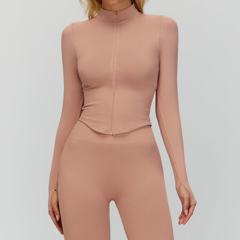 European and American Style Stand Collar Zipper Long Sleeve Yoga Jacket for Women - Tight-Fitting Quick-Drying Outdoor Fitness Top