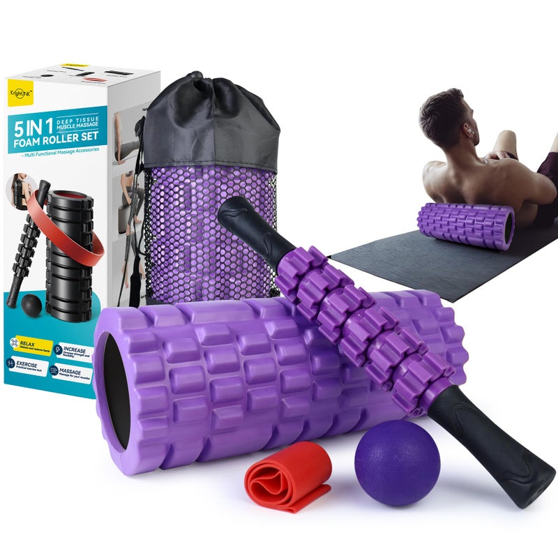 Krightlink 5 in1 Foam Roller Set, High Density Deep Tissue Massager for Muscle Massage, Massage Roller, Massage Ball, Resistance Band for Whole Body Physical Therapy Deep Muscle Massage (Purple) - Image 1