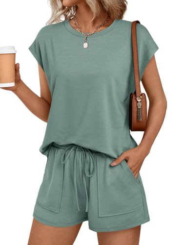 AUTOMET Womens Lounge Two 2 piece Sets Summer Spring Cruise Outfits 2026 Matching Beach Vacation Clothes Travel Sweatsuits Sweat Casual Romper Shorts Fashion Trendy Clothing Loungewear Sage Green XL - Image 1