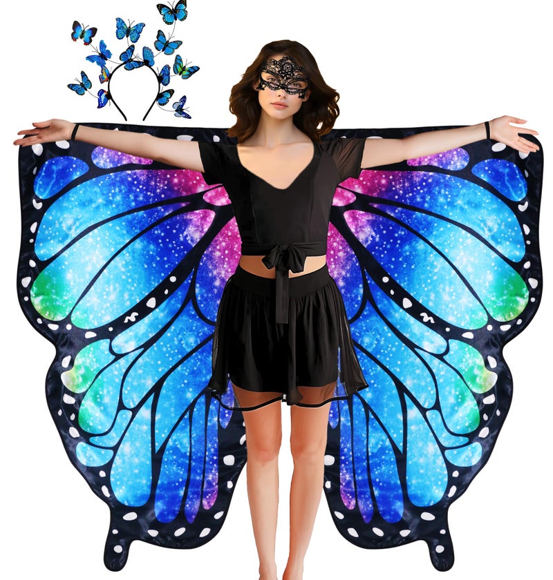 D.Q.Z Double Sided Women Butterfly Wings Costumes for Adults Fairy Festival Dress Up with Headband Halloween Party (Dreamy Blue) - Image 1