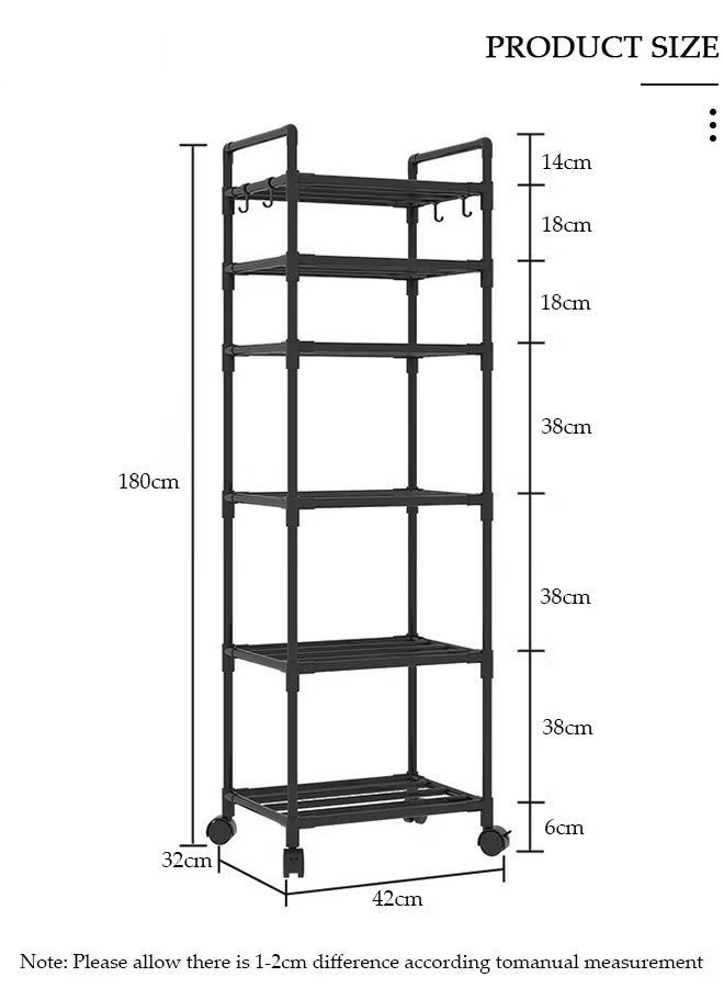 Arabest 6 Tier Storage Shelves, Stable Kitchen Shelf Organizer, Metal Storage Rack with Rolling Wheels and Armrests, Removable Free Standing Rack with 4 Hooks, Multipurpose Rack, Shelving Unit for Laundry Room,Living Room,Garage,Pantry,Study Room - Image 4