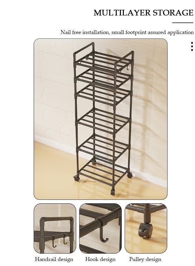 Arabest 6 Tier Storage Shelves, Stable Kitchen Shelf Organizer, Metal Storage Rack with Rolling Wheels and Armrests, Removable Free Standing Rack with 4 Hooks, Multipurpose Rack, Shelving Unit for Laundry Room,Living Room,Garage,Pantry,Study Room - Image 2