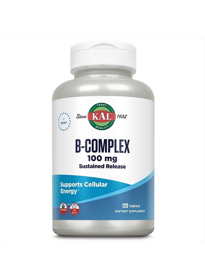 KAL B-100 Complex - Sustained Release Vitamin B Complex - Healthy Energy Support with Natural Support Base and Fresh Minty Coating - Vegetarian - 60 Day Guarantee - 120 Servings, 120 Tablets - Image 1