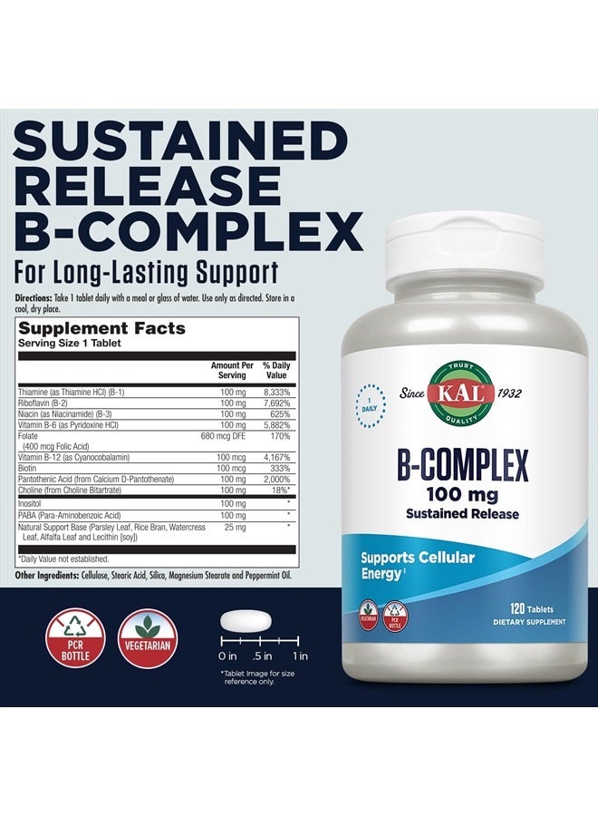 KAL B-100 Complex - Sustained Release Vitamin B Complex - Healthy Energy Support with Natural Support Base and Fresh Minty Coating - Vegetarian - 60 Day Guarantee - 120 Servings, 120 Tablets - Image 2