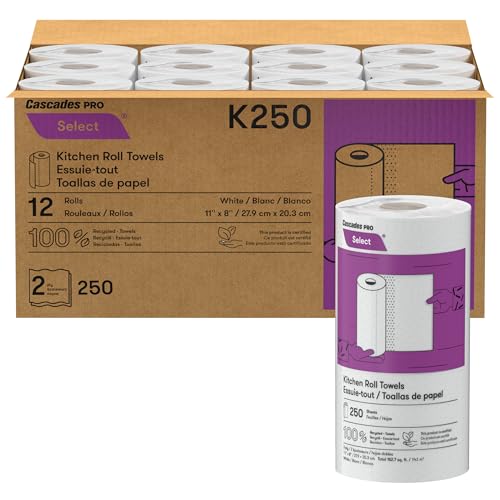 Cascades PRO Select Kitchen Roll Towel - Strong and Absorbent 2-Ply Paper Towels for Kitchens, Breakrooms, Schools, Offices - Recycled, Compostable - 250 Sheets/Roll, 12 Rolls/Box -K250 - White - Image 1