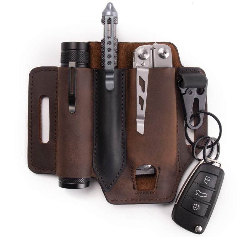 Gentlestache Multitool Sheath for Belt, Leather EDC Pocket Organizer for Men, Leatherman Sheath with Pen Holder, Key Fob, Flashlight Sheath, EDC Leather Pouch Dark Brown - Image 1