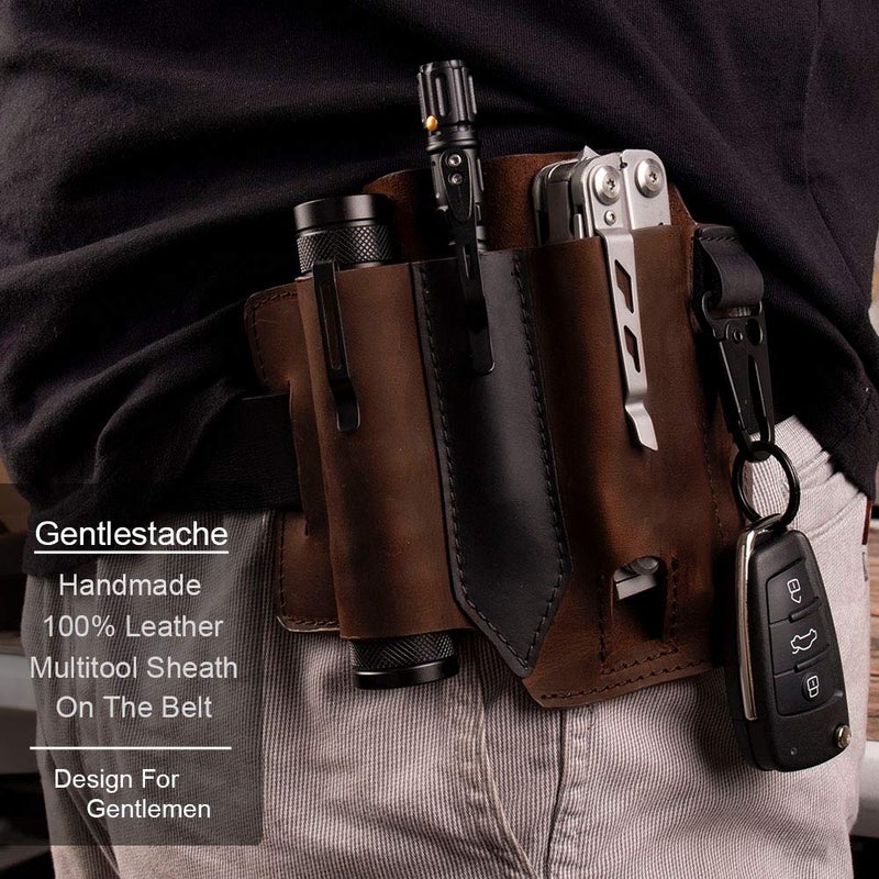 Gentlestache Multitool Sheath for Belt, Leather EDC Pocket Organizer for Men, Leatherman Sheath with Pen Holder, Key Fob, Flashlight Sheath, EDC Leather Pouch Dark Brown - Image 2