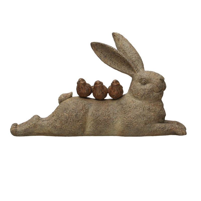 Creative Co-Op Decorative Resting Rabbit with Birds Figurine, Brown - Image 1