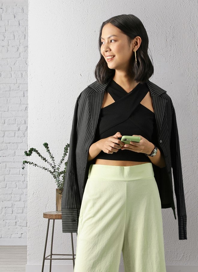 SASSAFRAS Black Halter Neck Fitted Crop Top for Women - Image 1