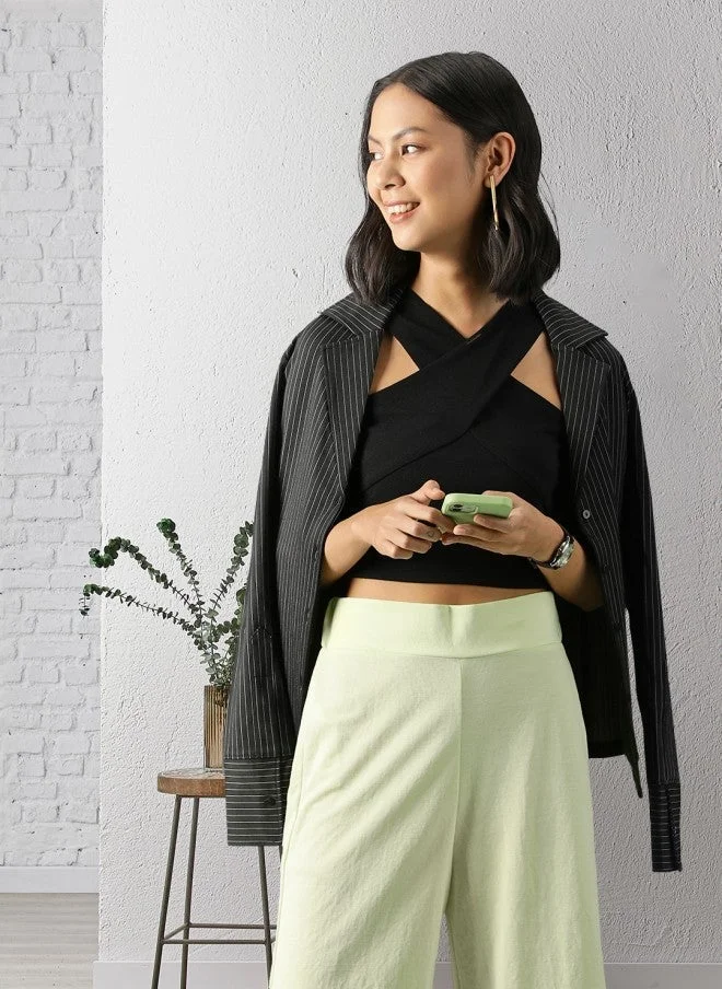 SASSAFRAS Black Halter Neck Fitted Crop Top for Women