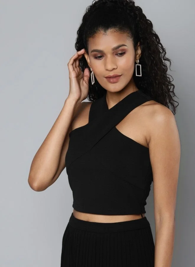 SASSAFRAS Black Halter Neck Fitted Crop Top for Women
