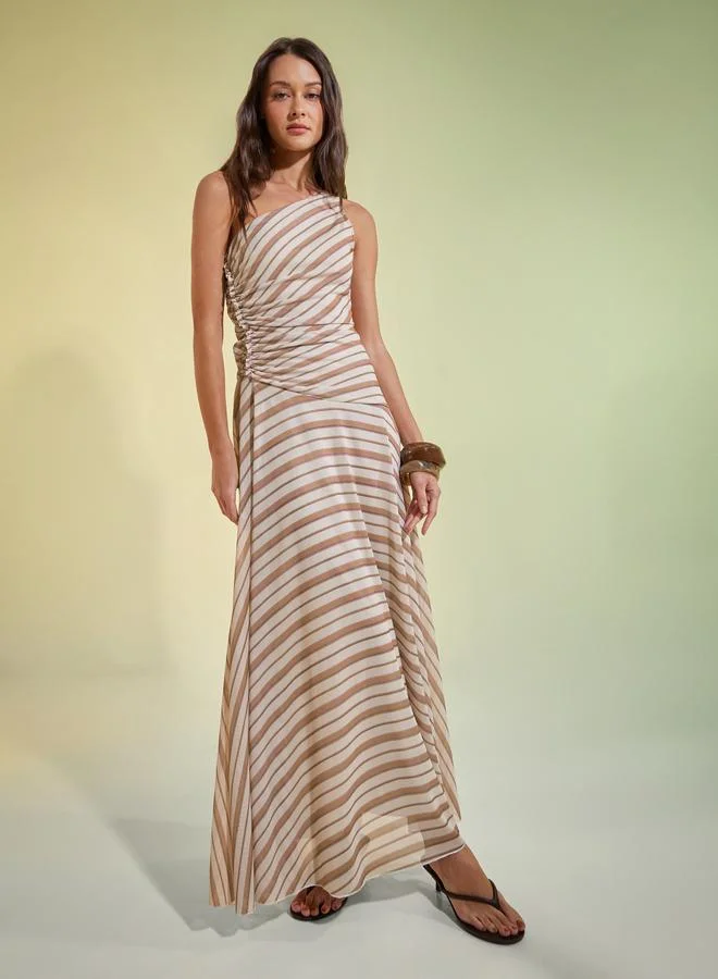 Beige Striped One Shoulder Mesh Maxi Dress