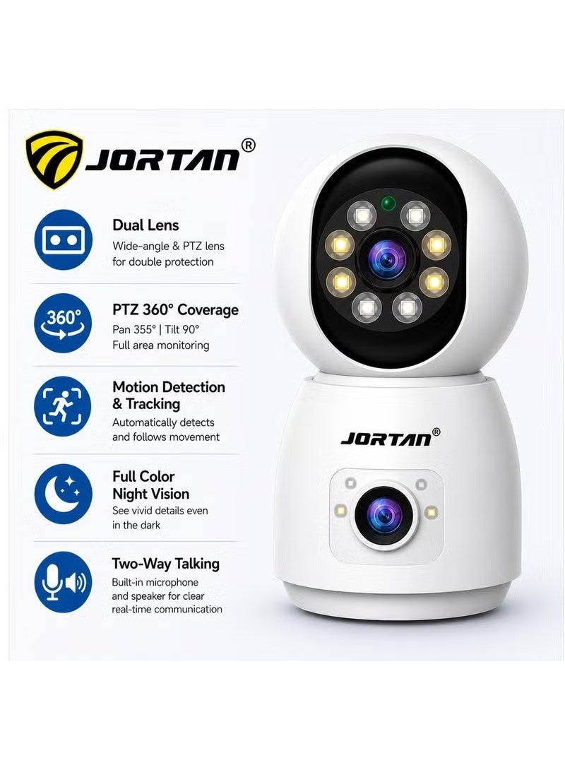 JORTAN 4MP Dual Lens WiFi Indoor Security Camera | 360° Smart Security Camera with Motion Tracking, Two-Way Audio, Color Night Vision, HD, Suitable for Monitoring Home, Children, Elderly, and Pets - Image 1