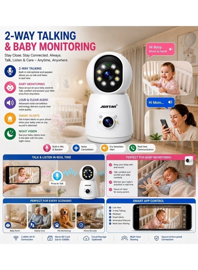 JORTAN 4MP Dual Lens WiFi Indoor Security Camera | 360° Smart Security Camera with Motion Tracking, Two-Way Audio, Color Night Vision, HD, Suitable for Monitoring Home, Children, Elderly, and Pets - Image 5