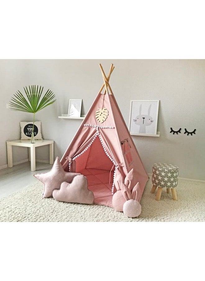 Rongfa - Kids Teepee Tent With White Pom Pom - Indoor Play Teepee For Children Boys Portable Play House (Pink) - Image 1