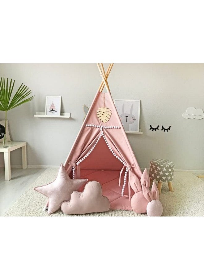 Rongfa - Kids Teepee Tent With White Pom Pom - Indoor Play Teepee For Children Boys Portable Play House (Pink) - Image 1