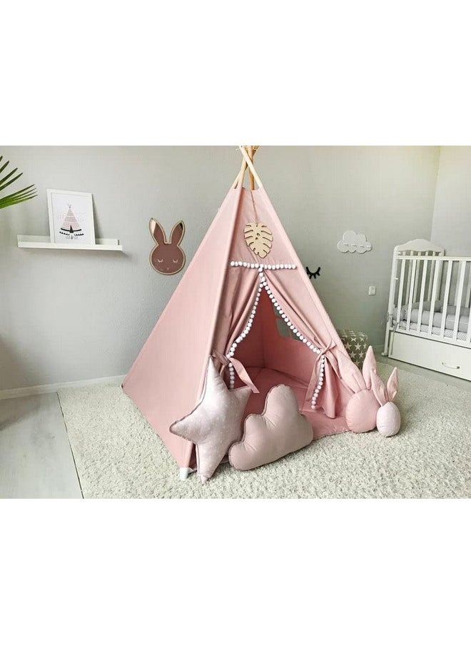 Rongfa - Kids Teepee Tent With White Pom Pom - Indoor Play Teepee For Children Boys Portable Play House (Pink) - Image 1
