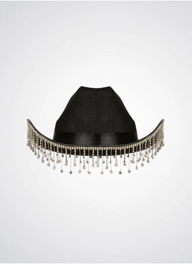 DAZED&ENGAGED Black rhinestone tassel cowboy hat