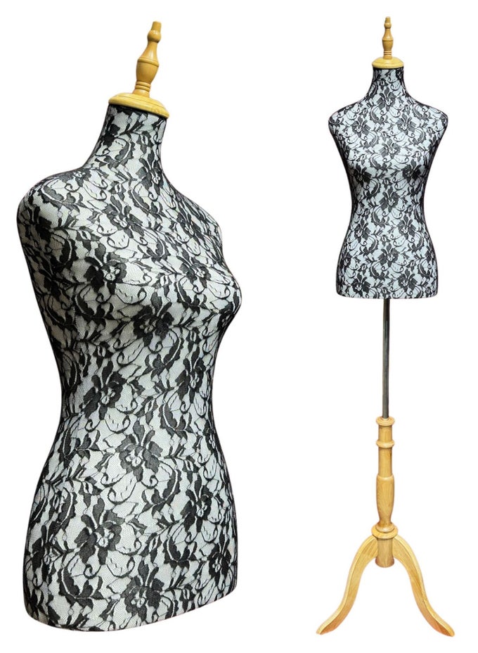 170CM ADJUSTABLE MANNEQUIN FEMALE DRESS FORM, MANNEQUIN FEMALE FOR SEWING MODEL DISPLAY TORSO BODY, BLACK LACE DESIGN MANIKIN BODY, DURABLE WOODEN TRIPOD STAND CLOTHING DISPLAY EASY TO ASSEMBLE