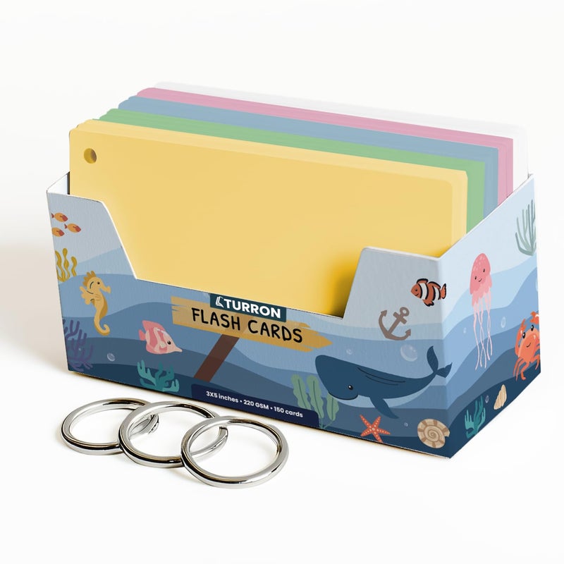 Turron Coloured Index Flash Cards Tray - 5 Colours - 3x5 inch - 150 Cards - 200 GSM Thick (Unruled) - Image 1
