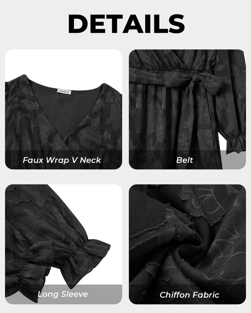 Talisea Plus Size Black Dress Wedding Guest Funeral Cocktail Fall Semi Formal Floral Long Sleeve Wrap High Low Maxi Dress Women - Image 5