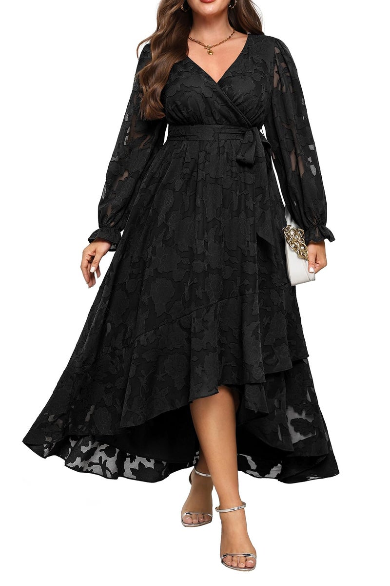 Talisea Plus Size Black Dress Wedding Guest Funeral Cocktail Fall Semi Formal Floral Long Sleeve Wrap High Low Maxi Dress Women - Image 1