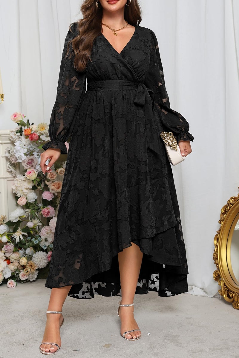 Talisea Plus Size Black Dress Wedding Guest Funeral Cocktail Fall Semi Formal Floral Long Sleeve Wrap High Low Maxi Dress Women - Image 3