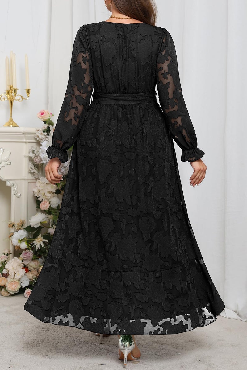 Talisea Plus Size Black Dress Wedding Guest Funeral Cocktail Fall Semi Formal Floral Long Sleeve Wrap High Low Maxi Dress Women - Image 4