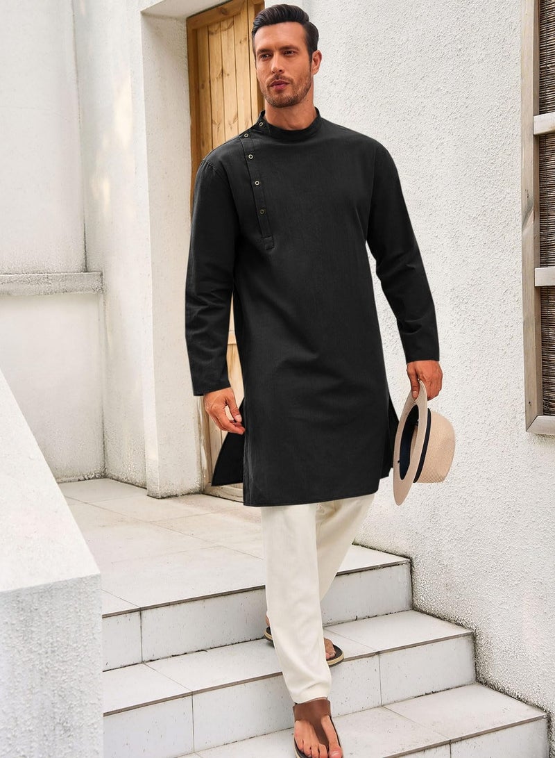 Mens Kaftan Thobe Robe Long Sleeve Cotton Henley Shirt Casual Muslim Gown Salwar Kurta  - Image 4
