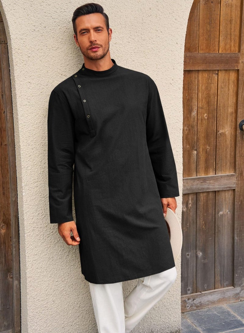 Mens Kaftan Thobe Robe Long Sleeve Cotton Henley Shirt Casual Muslim Gown Salwar Kurta  - Image 3