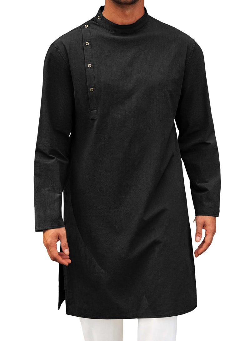 Mens Kaftan Thobe Robe Long Sleeve Cotton Henley Shirt Casual Muslim Gown Salwar Kurta  - Image 1
