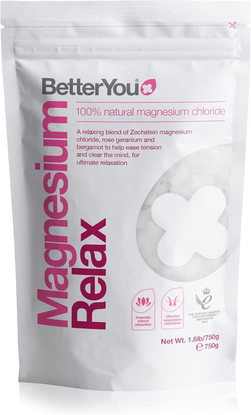 BetterYou Magnesium Relax Bath Flakes Blend of Pure Zechstein Magnesium Chloride with Relaxing Essential Oils Rose Geranium and Bergamot for Ultimate Relaxation 750g