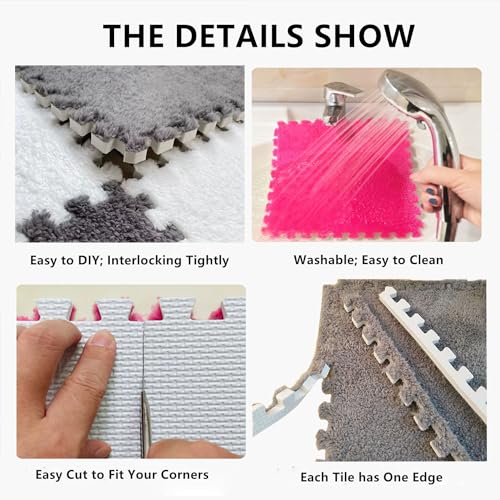 HUIDUO 12 Pcs Kids Foam Interlocking Carpet Tiles with Border, Thick Carpet Squares Plush Floor Playmats Baby Crawling Rug - 49" x 37",Grey (Grey, 12 Tiles) - Image 4