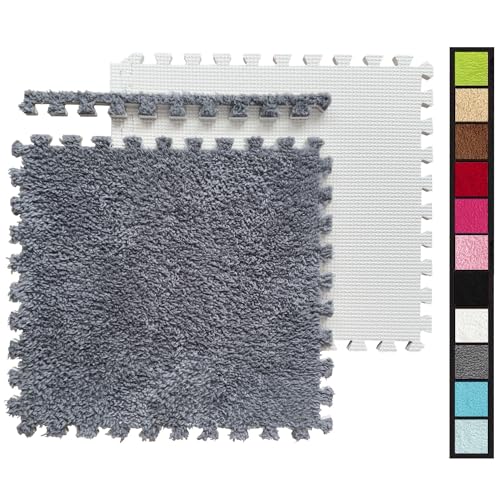 HUIDUO 12 Pcs Kids Foam Interlocking Carpet Tiles with Border, Thick Carpet Squares Plush Floor Playmats Baby Crawling Rug - 49" x 37",Grey (Grey, 12 Tiles) - Image 1