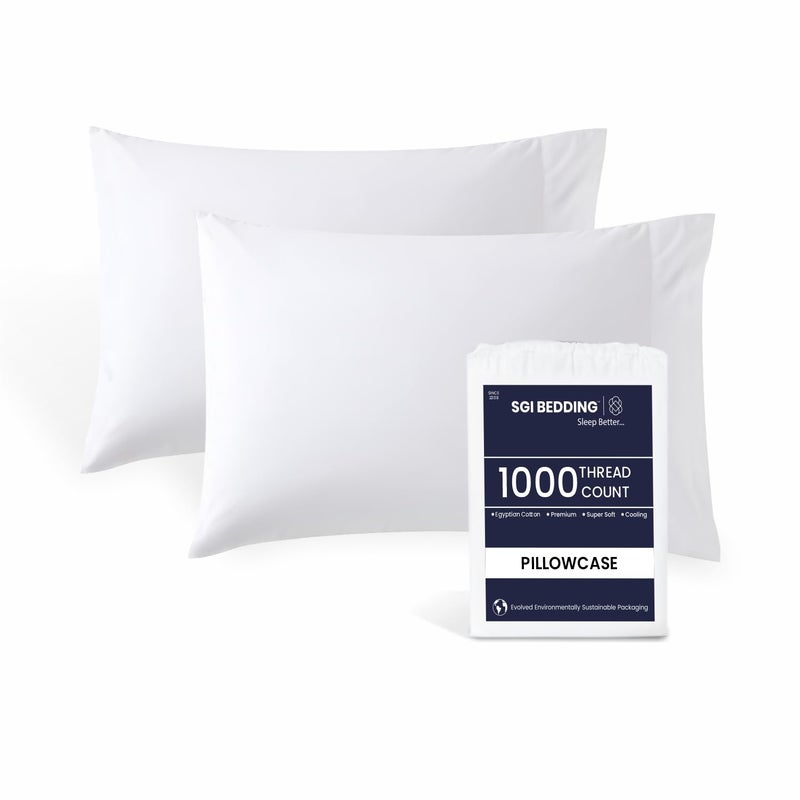 SGI Bedding 100% Egyptian Cotton Queen Set of 2 Pillowcases - 1000 Thread Count, Open End Closure, Ultra-Soft & Luxurious Sateen Weave, Breathable & Durable, Premium Hotel Quality (20" x 30")- White - Image 1