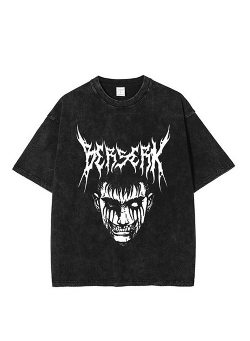 Men's new washed old dark anime print street retro t-shirt street trendy round neck short-sleeved t-shirt - Image 1