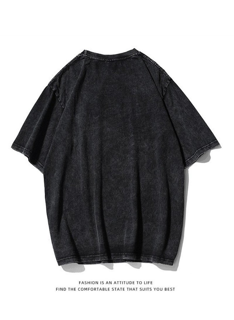 Men's new washed old dark anime print street retro t-shirt street trendy round neck short-sleeved t-shirt - Image 3