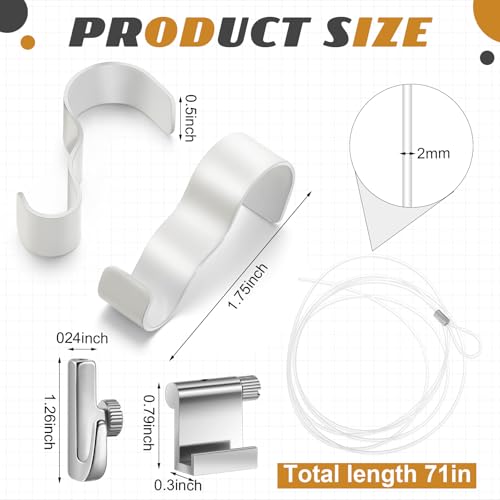 Dunzy 15 Pcs Picture Rail Hanging System Kit Picture Rail Hooks Molding Hangers with Invisible Nylon Cord and Adjustable Hooks for Exhibition Art Gallery Supplies White 71 Clear Perlon CordWhite - Image 3