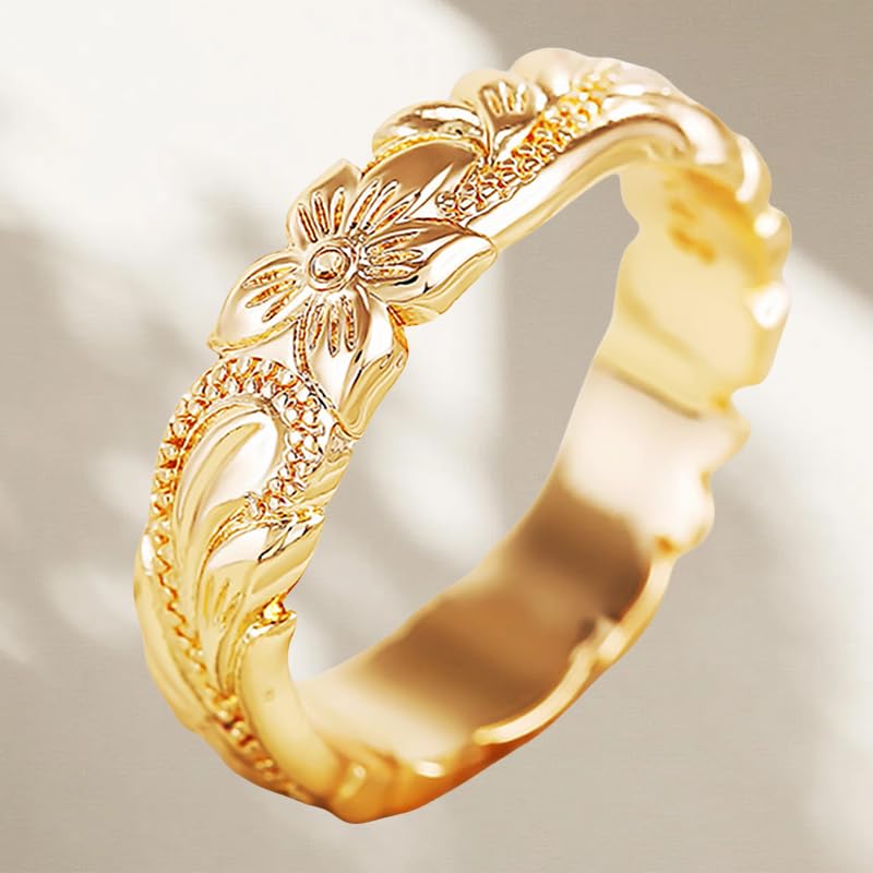 BlingNook Dainty Chunky Gold Flower Ring For Women, 14k Carving Process Engraved Plumeria Stackable Pinky Thumb Rings Wedding Promise Engagement Couples Men Jewelry Gift (Gold Flower, 8) - Image 3